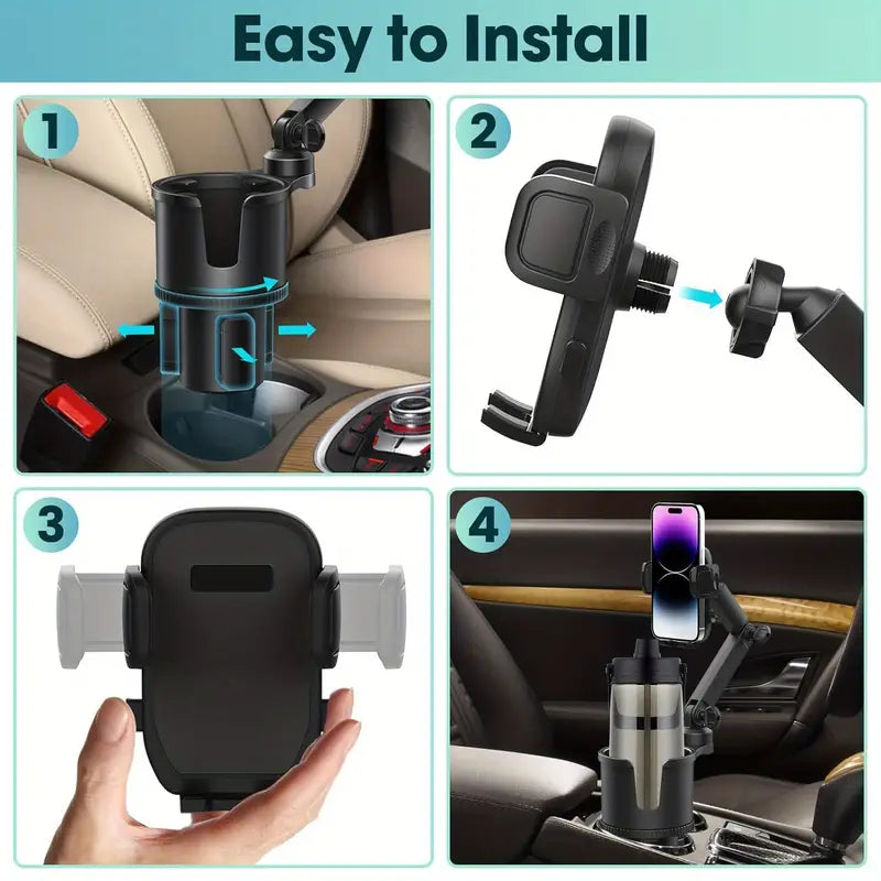 2-in-1 Cup Holder Phone Mount With Expandable Base, Universal Durable For Cups, Drink Bottles, Mugs And Fits All Cellphone