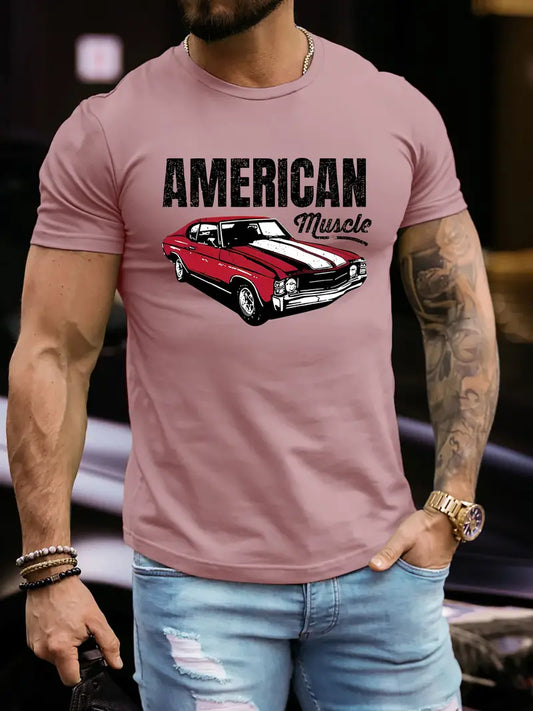 American Muscle Graphic Print Crew Neck Short Sleeve T-Shirt for Men - Soft Slight Stretch Polyester Fabric, Casual Patterned Tee for All Seasons - Regular Fit, Knit Fabric,