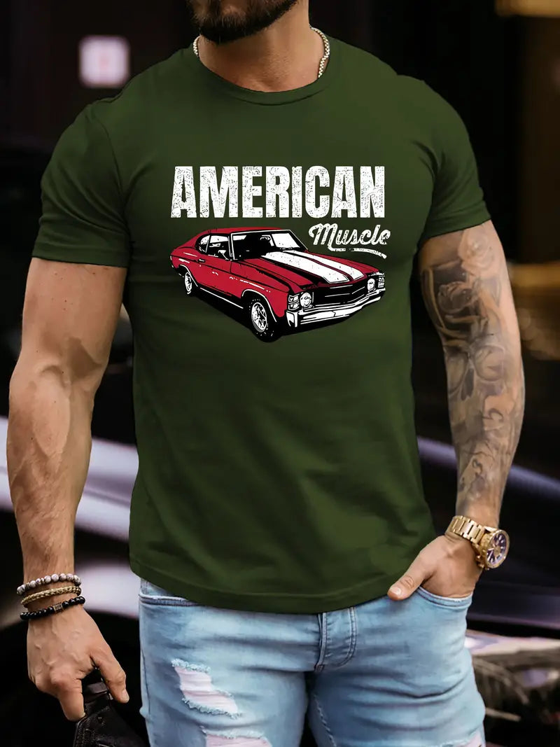 American Muscle Graphic Print Crew Neck Short Sleeve T-Shirt for Men