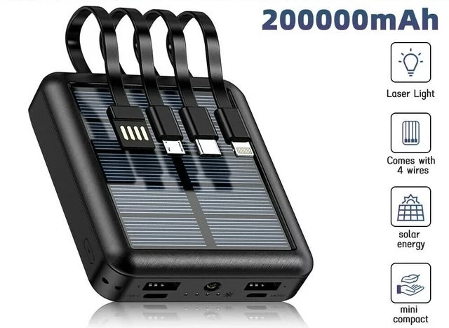 Mini Solar Portable Charger 20000 mAh, with Built in 4 Cables, Mini Battery Portable Charger Power Bank for iPhone, Ipad, Tablet