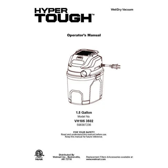 Hyper Tough 1.5 Gallon 2 Peak HP Poly Wet/Dry car Vacuum, VH105 3502, New