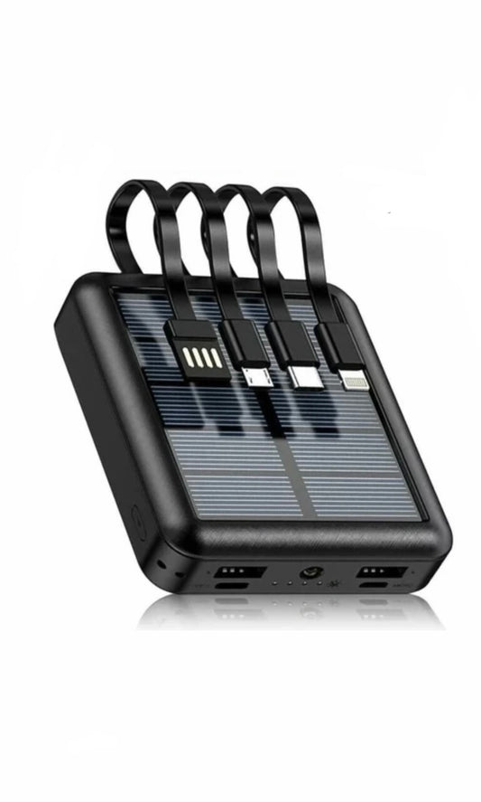 Mini Solar Portable Charger 20000 mAh, with Built in 4 Cables, Mini Battery Portable Charger Power Bank for iPhone, Ipad, Tablet
