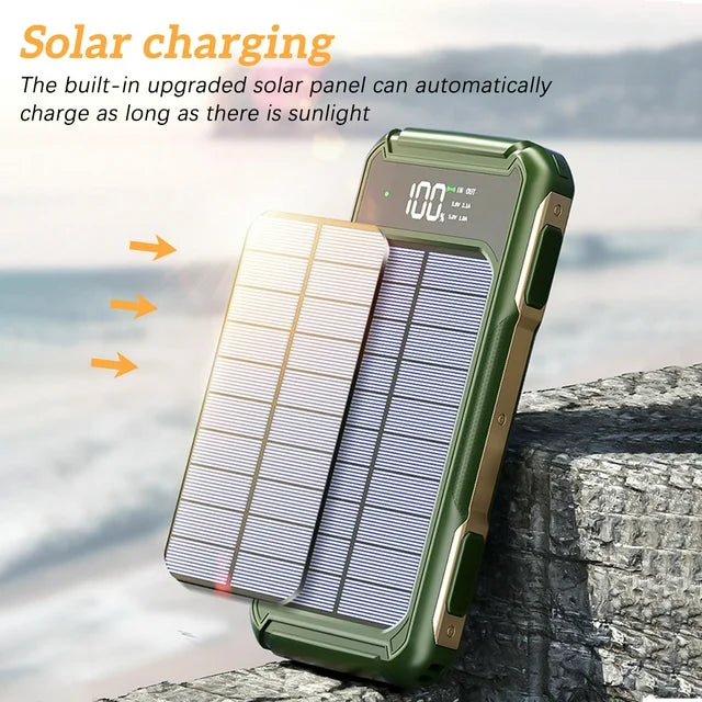 Power Bank Solar Portable Charger, 10000mAh Power Bank Flashlight 2.1A Quick Charge and Built in Out/Input Cables 10W Wireless Charger for Smart Devices and Cell Phones, Orange