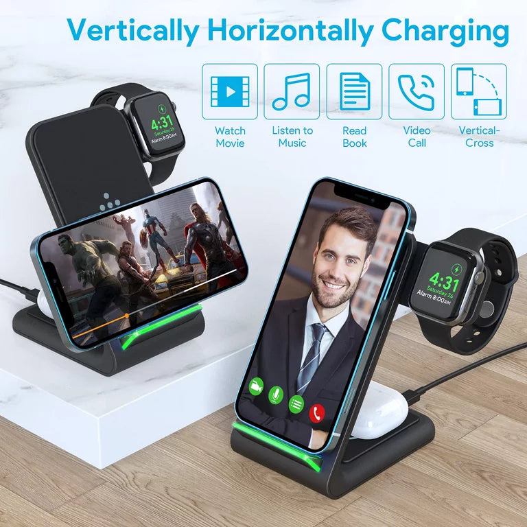 Wireless Charging Stand, 3-in-1 Wireless Charging Station Dock Compatible for iWatch , Airpods, iPhone/Samsung,