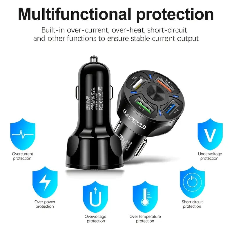 4-Port USB Car Charger: Fast Charge Your iPhone, Samsung, and Xiaomi Devices!